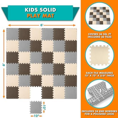ProSource Foam Puzzle Floor Play Mat for Kids and Babies with Solid Colors, 36 or 16 Interlocking Tiles with Borders, Brown/Beige/Grey