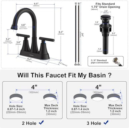 Bathroom Faucets for Sink 3 Hole, Hurran 4 inch Matte Black with Pop-up Drain and 2 Supply Hoses, Stainless Steel Lead-Free 2-Handle Centerset Faucet for Sink Vanity