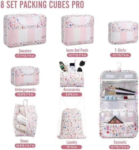 Veken 8 Set Packing Cubes for Travel Kids, Beach Vacation Essentials Accessories for Cruise Ship, Suitcase Organizer Bags for Luggage with Hanging Toiletry & Shoe Bag, Birthday Gifts for Women Mom Her