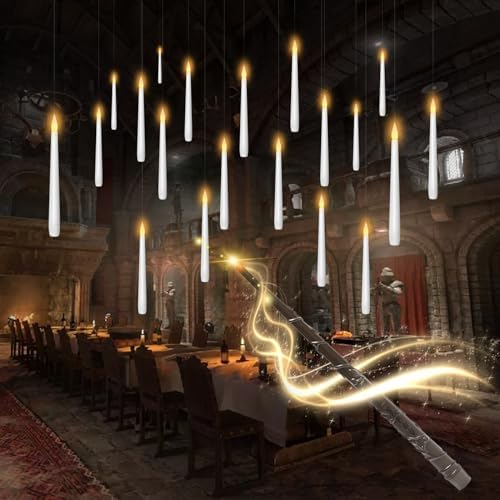 Flameless Floating Candles with Wand，20 Pcs Magic LED Hanging Taper Candles，Flickering Battery Operated Taper Candle with Wand Remote for Halloween Decorations Best Gift（White）