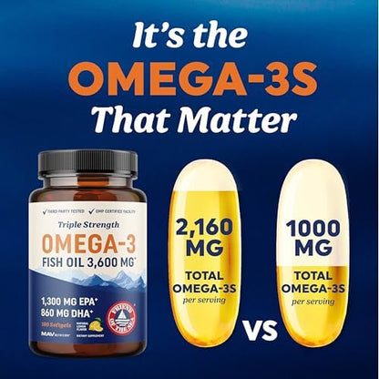 Triple Strength Omega 3 Fish Oil 3600 mg | EPA & DHA | Over 2100mg Omega-3 Fatty Acids | 1300mg EPA + 860mg DHA | Best Essential Fatty Acids | Premium Wild Caught & Burpless Fish Oil | 180 Ct