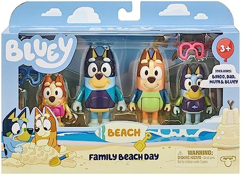 Bluey Figure 4-Pack, Family Beach Day 2.5-3 Inch, Bingo, Bandit and Chilli Character Figures with Accessories