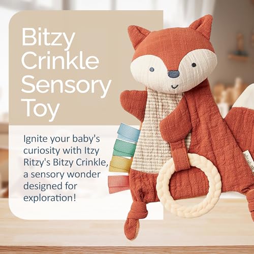 Itzy Ritzy - Bitzy Crinkle Sensory Toy Fox with Crinkle Sound for Babies & Toddlers - Features Soft Braided Teething Ring & Textured Ribbons, Designed for Ages 0 Months and Up, Fox
