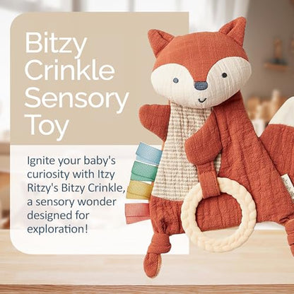 Itzy Ritzy - Bitzy Crinkle Sensory Toy Fox with Crinkle Sound for Babies & Toddlers - Features Soft Braided Teething Ring & Textured Ribbons, Designed for Ages 0 Months and Up, Fox