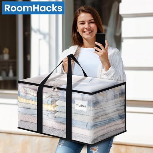 Clear Heavy Duty Extra Large Storage Bags, Reinforced Handles and Double Zippers, Packing Bags Alternative to Moving Boxes (6 Pack)