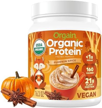 Orgain Organic Vegan Protein Powder, Pumpkin Spice - 21g of Plant Based Protein, Non Dairy, Gluten Free, 1g of Sugar, Soy Free, Kosher, Non-GMO, 1.02 Lb (Packaging May Vary)