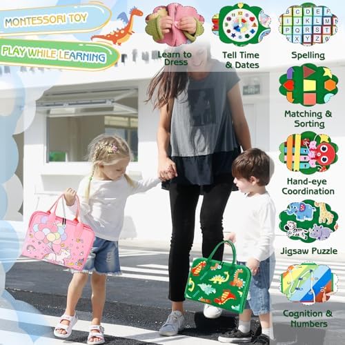 Esjay Toddler Busy Board Montessori Toys for Boys and Girls, Sensory Board Educational Activities for Learning Fine Motor Skills, Birthday Gifts Toddlers, Travel Toys for Airplane Car, Green Dinosaur