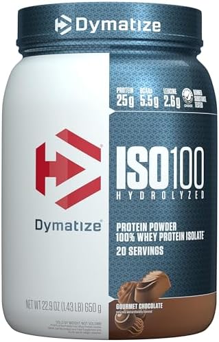 Dymatize ISO100 Whey Protein Powder Isolate, Gourmet Chocolate, 25g of Protein, 20 Servings, 5.5g BCAAs, Less Than 120 Cal., Gluten Free, 1g Fat, 1g Sugar, 2g Carb