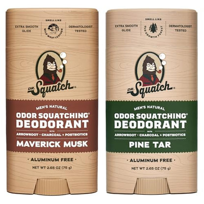 Dr. Squatch Natural Deodorant for Men - Odor-Squatching Aluminum Free - Maverick Musk & Pine Tar (2.65 oz, 2-Pack)