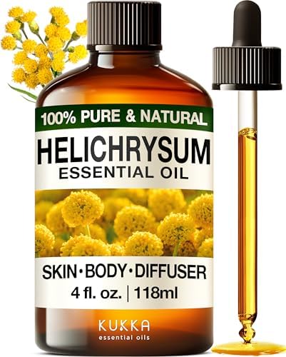 KUKKA Helichrysum Essential Oil for Skin, Relaxation - 100% Pure and Natural Undiluted Helichrysum Oil for Aromatherapy, Skin Care, Home Diffusers, Massage and Humidifiers - 4 fl oz, Non-GMO