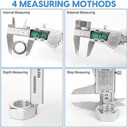 Digital Caliper Measuring Tool, IP54 Waterproof Electronic Micrometer Caliper, Stainlee Steel Vernier Caliper with Large LCD Screen, Inch Metric Fraction Conversion, 6 Inch for Household/DIY