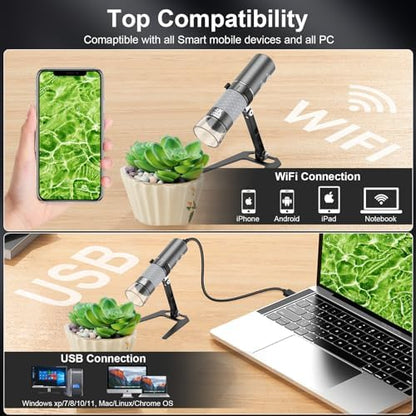 4K HD Wi-Fi Wireless Digital Microscope Camera Magnifier, Compatible for iPhone, iPad, Android Phones and PC