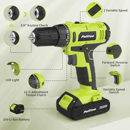 PULITUO'S 20V Cordless Drill/Driver, Electric Screwdriver - 2 Batteries, 30Nm, 21+1 Torque, 2 Speed, Keyless 3/8" Chase Drill with LED Light, Kit for Home (Green)