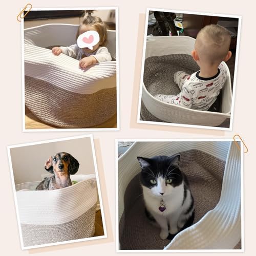 INDRESSME XXXLarge Cotton Rope Basket 21.7" x 21.7" x 13.8" Woven Baby Laundry Blanket Basket Toy Baskets with Handle Storage Comforter Cushions Thread Laundry Hamper Home Decor Living Room
