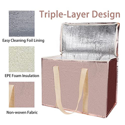 Bodaon 3-Pack Insulated Reusable Grocery Shopping Bag, X-Large Frozen Food Cold, Cooler Bags with Zippered Top, Insulated Food/Pizza Delivery Bag, Gold