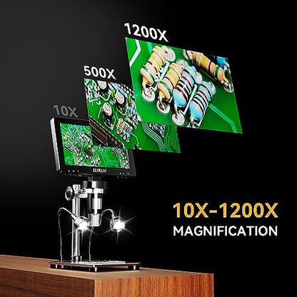 Elikliv 1200X Digital Microscope 7'' Screen, 1080P Coin Magnifier with 12MP Camera Sensor, 10 LED Lights - Microscope for Adults, Windows/Mac OS Compatible, Model EDM9