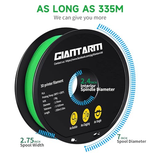 GIANTARM 3D Printer Filament, Green Pla Filament, 1Kg(2.2lbs) Spool, 1.75mm Dimension Accuracy +/- 0.03mm, 3D Printing Filament