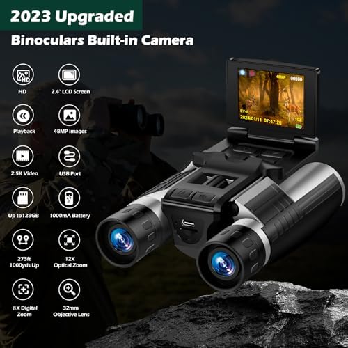 Digital Binoculars Camera, 2.4" LCD Display 12x Optical Zoom 8X Digital Zoom 48MP Pictures 2.5K Videos Camera with 32GB Card, Binoculars for Bird Watching Hunting Outdoor Adventures (DT40)