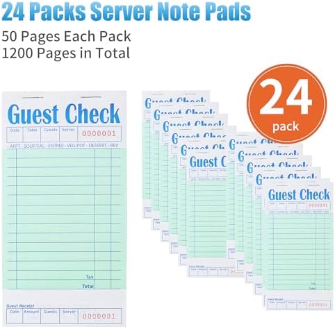 24 Pack Guest Checks Books for Servers Server Note Pads, Waitress Notepad for Restaurants, Waiter Checkbook, Paper Checks 50 Sheets/Pack, 1200 Total Tickets Green