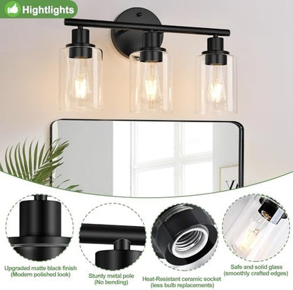 3-Light Bathroom Light Fixtures, Black Modern Vanity Lights with Clear Glass Shade, Bathroom Wall Lamp for Mirror Kitchen Living Room Hallway Cabinet Porch