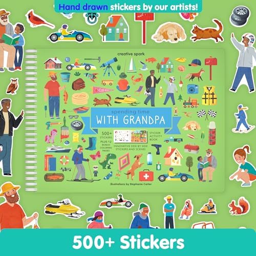 Sticker Book for Kids 2-4, 500+ Kids Stickers, Spending Time with Grandpa by Cupkin, 12 Coloring Pages, 12 Scenes, Fun Toddler Travel Activity Coloring and Sticker Books for Children Ages 4-8 + 8-10