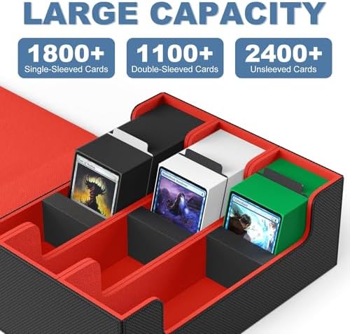 Mlikero Card Deck Case, 1800+ Trading Card Storage Box with 10 Dividers and 3 Foam Stoppers, Leather Magnetic Closure Commander Deck Box Fit for YuGiOh, MTG and Sport Cards(Black&Red)
