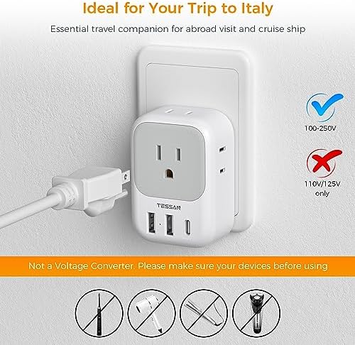 Italy Travel Plug Adapter 2 Pack, TESSAN Italy Power Adaptor with 4 Outlets 3 USB Charger (1 USB C Port), Type L Adapter for US to Chile Ethiopia Libya Syria Tunisia Uruguay
