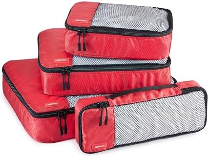 Amazon Basics Packing Cubes for Travel, Packing Organizers Set, 4-Piece-Set (Slim, Small, Medium, Large) With Double Zipper Pulls and Mesh Top Panel, 100% Durable Polyester, Red