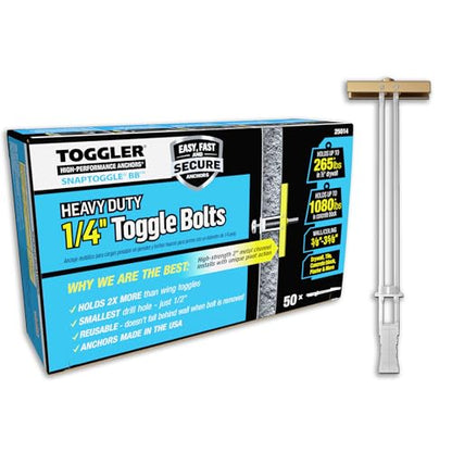 TOGGLER SNAPTOGGLE BB Toggle Anchor, Zinc-Plated Steel Channel, Made in US, 3/8" to 3-5/8" Grip Range, for 1/4"-20 UNC Fastener Size (Pack of 50)