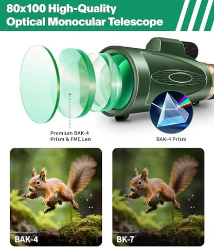 Monocular Telescope 80x100 High Power with Smartphone Adapter Tripod,Larger Vision Monoculars for Adults with BAK4 Prism & FMC Lens, Suitable for Bird Watching Hunting Hiking Camping Wildlife-Green