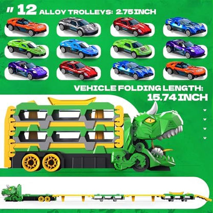 Toddler Car Truck Toys Gifts for 3 4 5 Years Old Boys, Dinosaur Transport Truck Cars Tracks Toys with 12 Pcs Die-Cast Cars, Transforms into Dino, Toy Gifts for 3 4 5 6 Year Old Boys