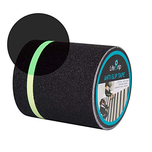 Anti Slip Traction Tape with Glow in Dark Green Stripe, 6 Inch x 33 Foot - Best Grip, Friction, Abrasive Adhesive for Stairs, Tread Step, Indoor, Outdoor, Black (6" x 33')