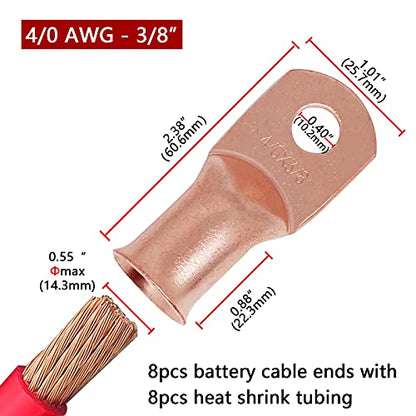 TKDMR 8pcs 4/0 AWG-3/8 Battery Lugs,Heavy Duty Wire Lugs,Ring Terminals,Battery Cable Ends,0 Guage terminals,Battery Terminal Connectors with 8pcs 3:1 Heat Shrink Tubing