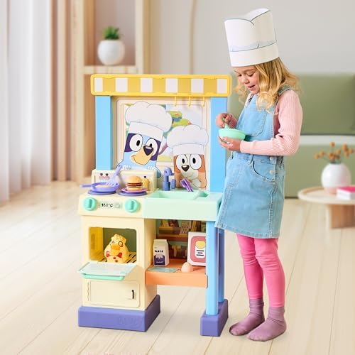 BLUEY - Cook with Chef Bluey Kitchen Playset, with Over 20 Sounds, Phrases, Music and Lights, Plus 20 Play Pieces Included, Over 3 feet/ 90cm Tall, Includes A Chef Hat and Duck Cake