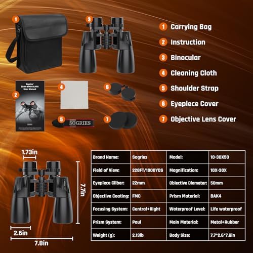 10-30x50 Zoom Binoculars for Adults, High Powered Military Binoculars for Bird Watching Traveling Hunting Concerts with Large View,BAK4,FMC Lens,Clear Low Light Vision at Night