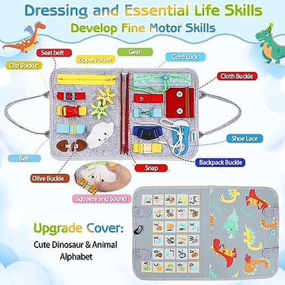 Esjay Toddler Busy Board Montessori Toys for Boys Girls, Sensory Board Educational Activities for Learning Fine Motor Skills, Birthday Gifts for Toddlers, Travel Toys for Airplane Car,Grey Dinosaur