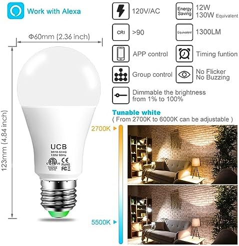 UCB Alexa Light Bulb 130W Equivalent, Smart Light Bulbs Warm White to Daylight Tunable, A19 E26 Bluetooth LED Bulbs Work with Alexa Only for Bedroom Kitchen Living Office No WiFi Required 4 Pack
