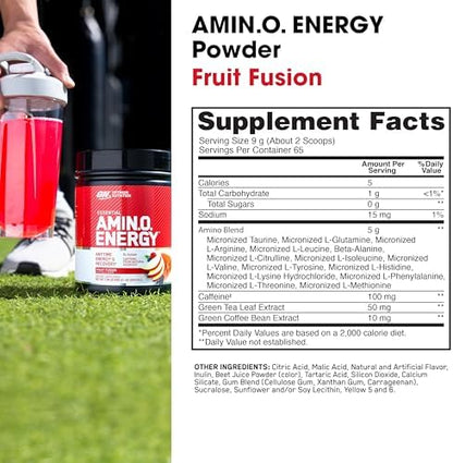 Optimum Nutrition Amino Energy - Pre Workout with Green Tea, BCAA, Amino Acids, Keto Friendly, Green Coffee Extract, Energy Powder - Fruit Fusion, 65 Servings (Packaging May Vary)