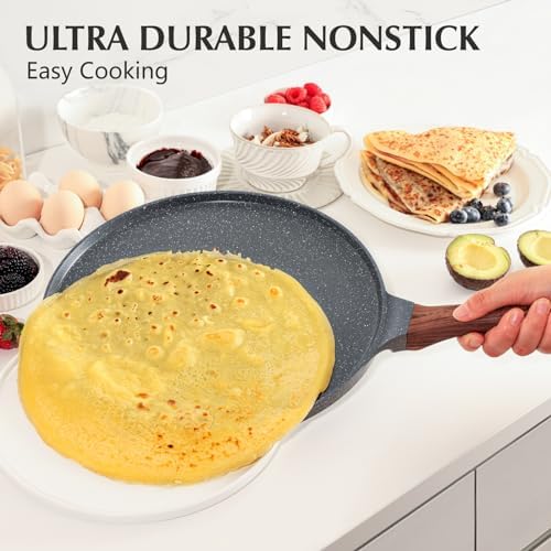SENSARTE Nonstick Crepe Pan, Swiss Granite Coating Dosa Pan Pancake Flat Skillet Tawa Griddle 10-Inch with Stay-Cool Handle, Induction Compatible