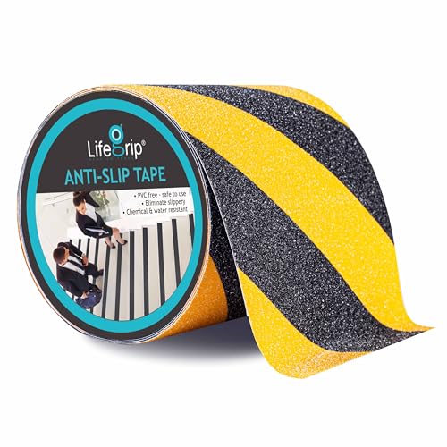 LifeGrip Anti Slip Traction Tape, 6 Inch x 30 Foot, Best Grip, Friction, Abrasive Adhesive for Stairs, Tread Step, Indoor, Outdoor, Caution Yellow/Black