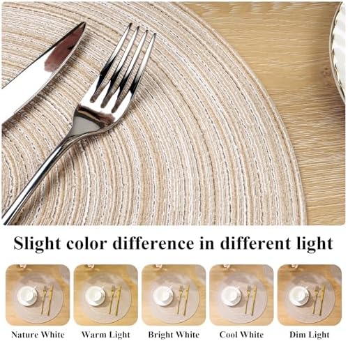 SHACOS 15 inch Round Braided Placemats Set of 6 Non Slip Heat Resistant Cotton Polyester Table Mats Washable Place Mats for Dinner Party Table Decoration (Beige, 6)