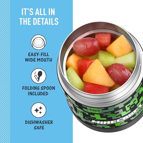 THERMOS FUNTAINER Insulated Food Jar – 10 Ounce – Kid Friendly Food Jar with Foldable Spoon, Minecraft
