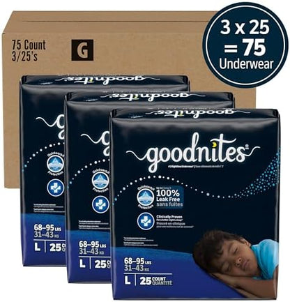 Goodnites Boys' Nighttime Bedwetting Underwear, Size Large (68-95 lbs), 75 Ct (3 Packs of 25), Packaging May Vary