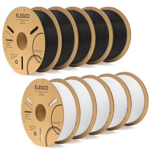 ELEGOO PLA Filament 1.75mm Black & White 10KG, 3D Printer Filament Bulk Dimensional Accuracy +/- 0.02mm, 10 Pack 1kg Cardboard Spool(2.2lbs) 3D Printing Filament Fits for Most FDM 3D Printers