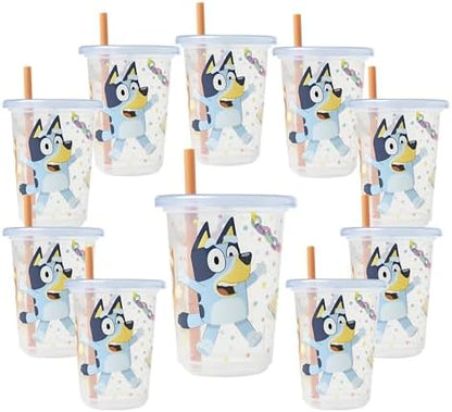 The First Years Bluey Take & Toss Toddler Straw Cups - Spill Proof Toddler Sippy Cups with Snap On Lids and Straws - Bluey Gifts and Bluey Party Supplies - 10 Oz - 10 Count