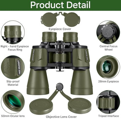 20x50 Hunting Binoculars for Adults High Powered with Low Light Night Vision - 28mm Large Eyepiece Professional Binoculars for Bird Watching Hiking Travel with BAK4 Prism FMC Lens, Green