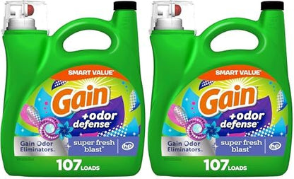 Gain + Odor Defense Liquid Laundry Detergent Super Fresh Blast Scent 154 fl oz 107 Loads HE Compatible (Pack of 2)
