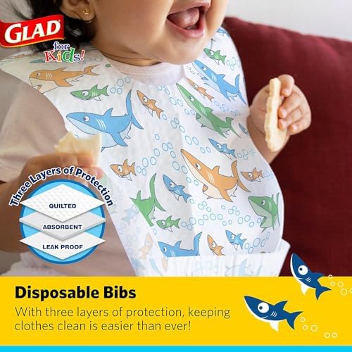 Glad for Kids Shark Paper Disposable Bibs with Crumb Catcher for Feeding - Absorbent and Leakproof Eating and Travel Must Haves for Mess-Free Meals, 30 Count - 24 Pack