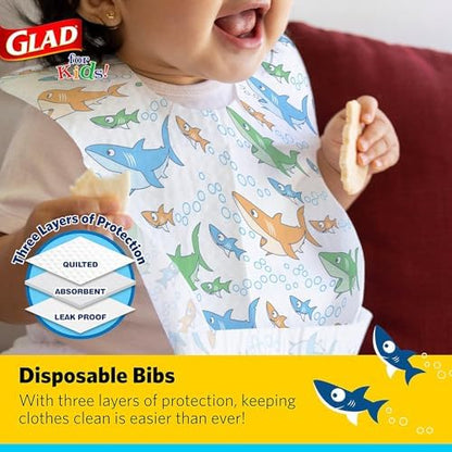 Glad for Kids Shark Paper Disposable Bibs with Crumb Catcher for Feeding - Absorbent and Leakproof Eating and Travel Must Haves for Mess-Free Meals, 30 Count - 24 Pack