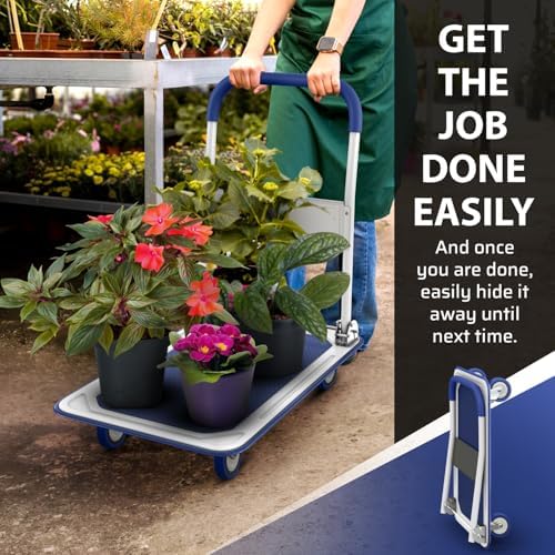 Heavy Duty Foldable Push Cart Dolly | 330 lbs. Capacity | Upgraded Collapsible Hand Truck Platform with Swivel Wheels | Flat Bed Moving Wagon | Space Saving Push Handle (Blue)